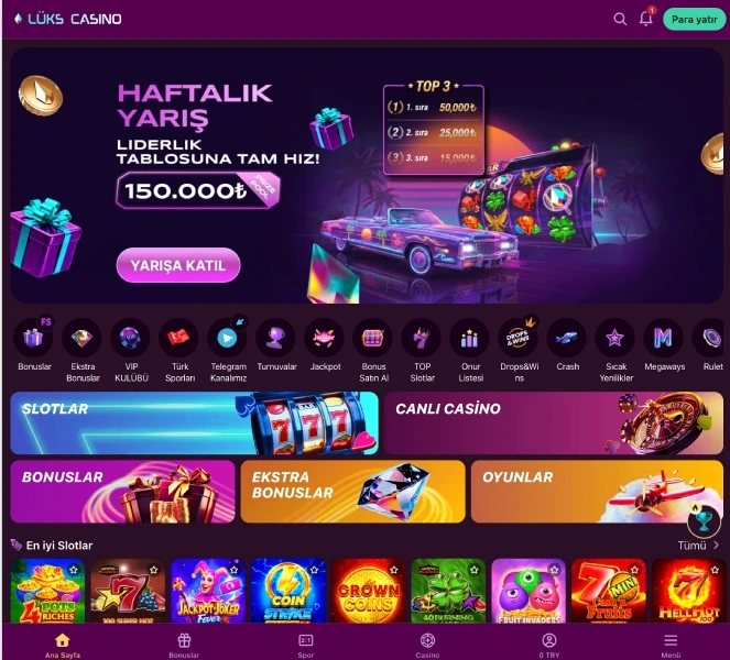 Casino lobby home screen view Lobby home screen with a weekly-race banner, category icons, SLOTLAR and CANLI CASİNO shortcut tiles, and a row of slot game covers underneath