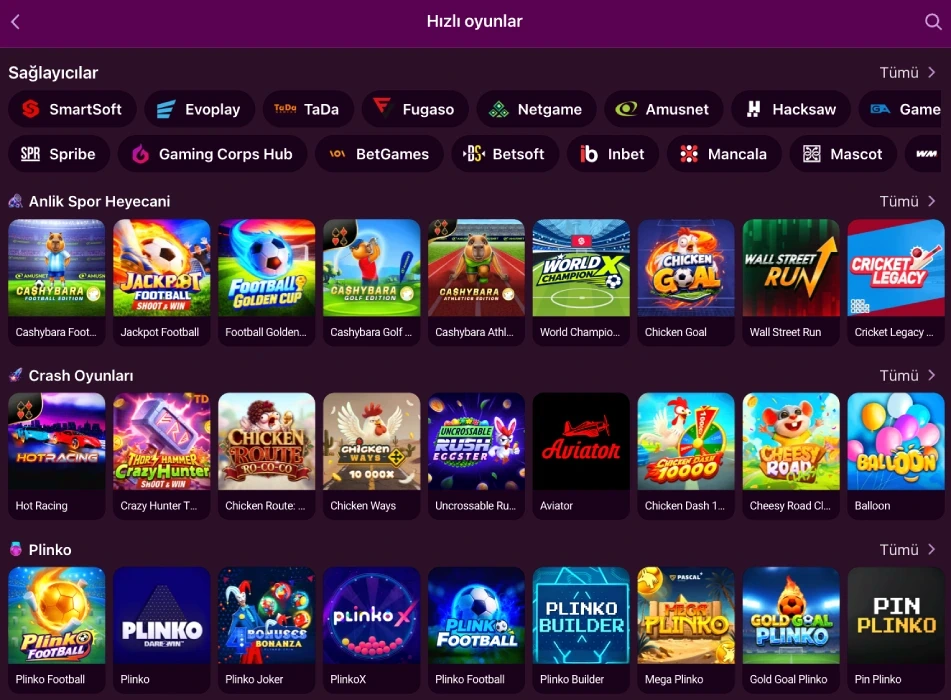 Sample view of the Instant Games section Provider row from the Instant Games section, followed by sports-themed titles under Anlık Spor Heyecanı and crash-style game covers such as Aviator, Hot Racing and Chicken Ways under Crash Oyunları