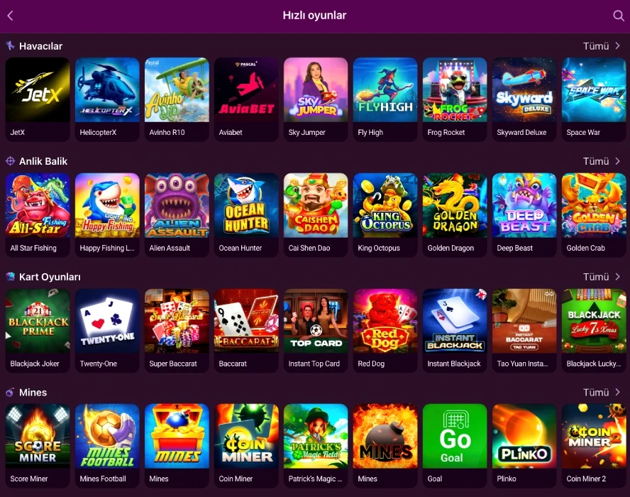 Game menu section - flying, fishing, card and Mines categories A section of the account panel's game menu showing JetX and HelicopterX under Havacılar, fishing titles under Anlık Balık, Baccarat and Blackjack under Kart Oyunları, and treasure-themed titles under Mines